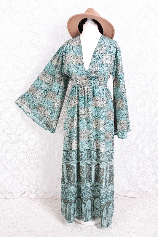 Stevie Maxi Dress - Vintage Indian Sari - Submerged Aqua Mosaic - XS Trendy V-Neck Maxi Dress Stevie Maxi Dress - Vintage Indian Sari - Submerged Aqua Mosaic - XS Trendy V-Neck Maxi Dress