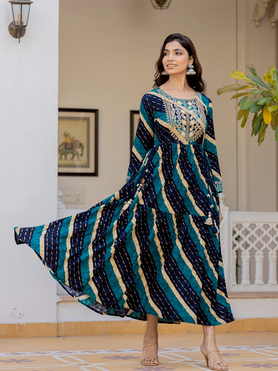 WOMEN'S BLUE STRIPED SERENITY: RAYON DESIGN LONG GOWN