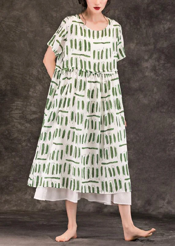 Style green striped linen dresses o neck pockets long summer Dress
