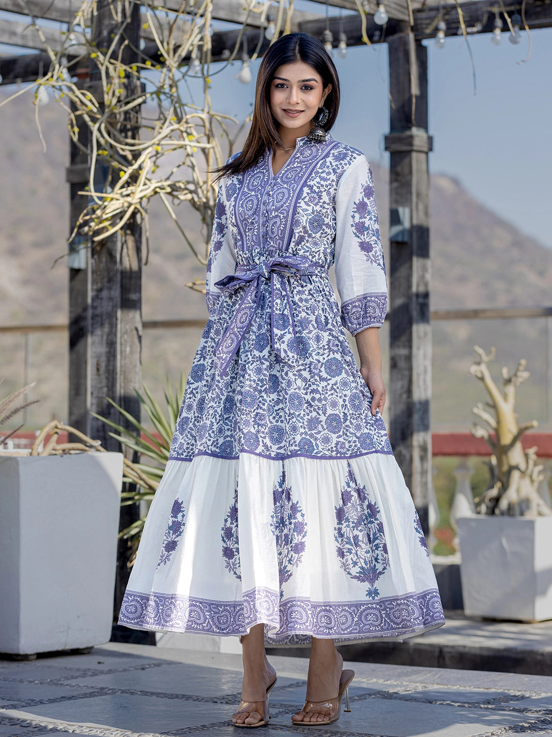 WOMEN'S PURPLE SUNBURST SERENADE: RAYON PRINTED LONG GOWN