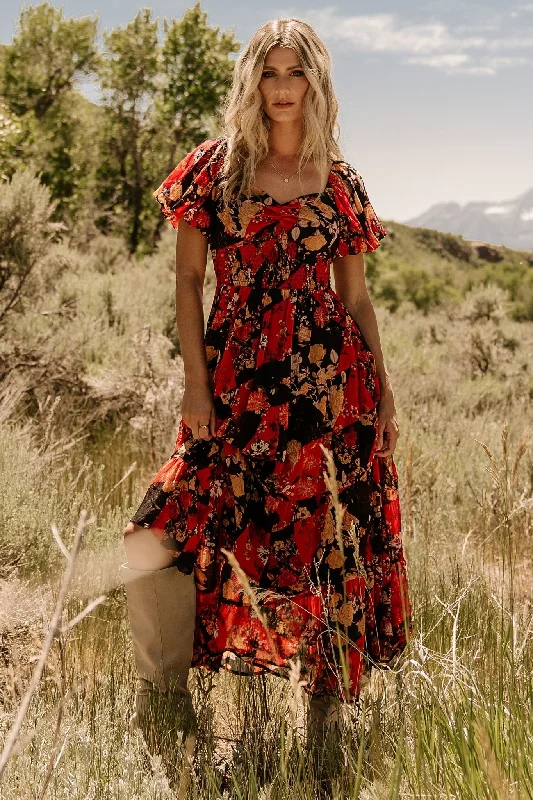Suzy Maxi Dress | Black + Red Multi Elegant Velvet Maxi Dress