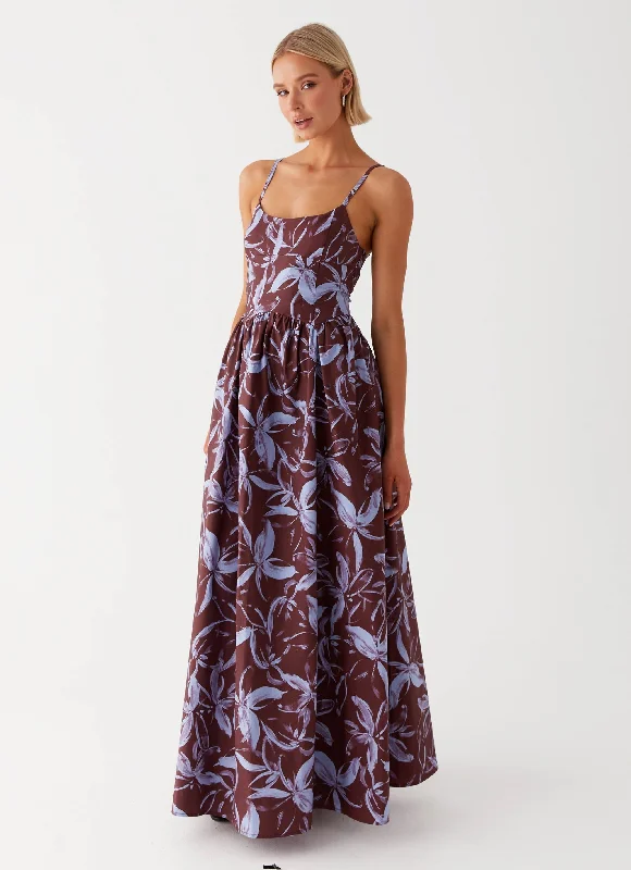 Tesoro Maxi Dress - Brown Purple Floral Comfortable T-Shirt Maxi Dress