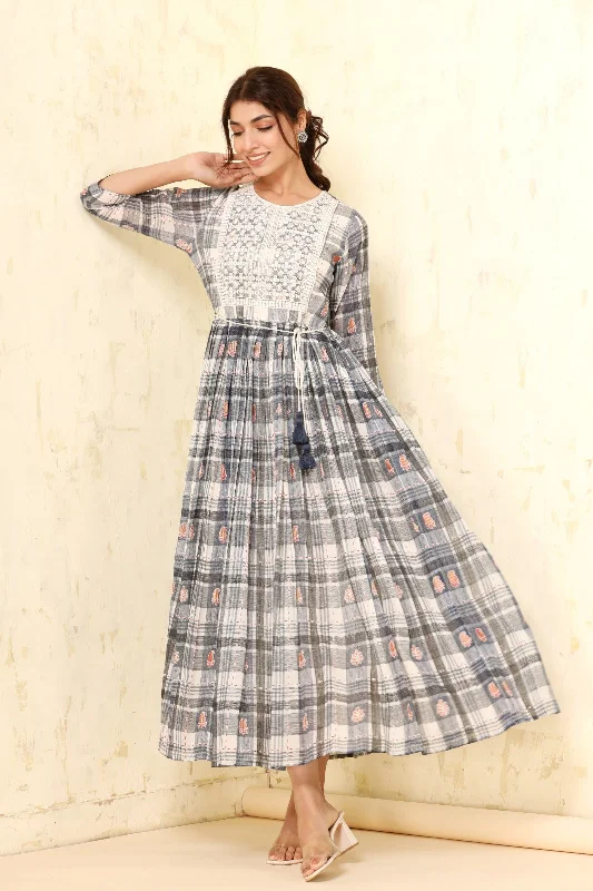 WOMEN'S GREY THE CHECKS LONG GOWN