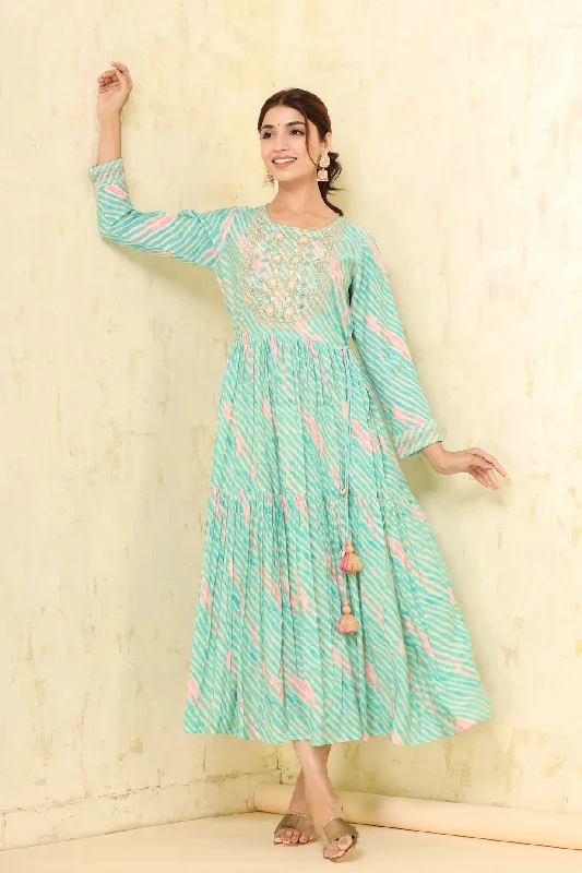 WOMEN'S SKY BLUE THE COLOURFUL BANDHEJ LONG GOWN