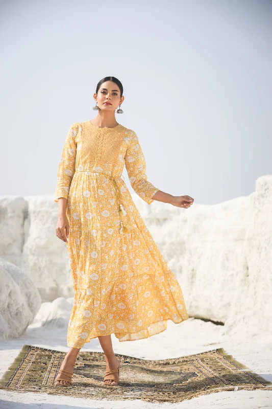 WOMEN'S GOLD THE PRINTED FLOWERS LONG GOWN