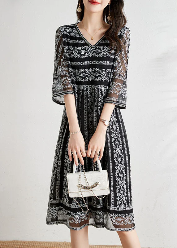 2024 Black O-Neck Draping Embroideried Silk Dresses Summer