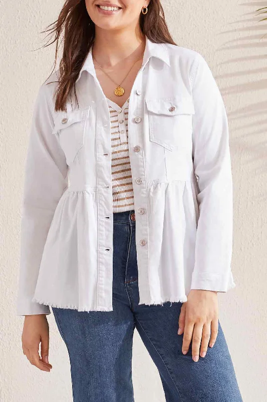 Tribal Peplum Denim Jacket w/ Pockets 5373O-2020W-0001 White Denim Fabric Leather Fabric Suede Fabric Tribal Peplum Denim Jacket w/ Pockets 5373O-2020W-0001 White Denim Fabric Leather Fabric Suede Fabric