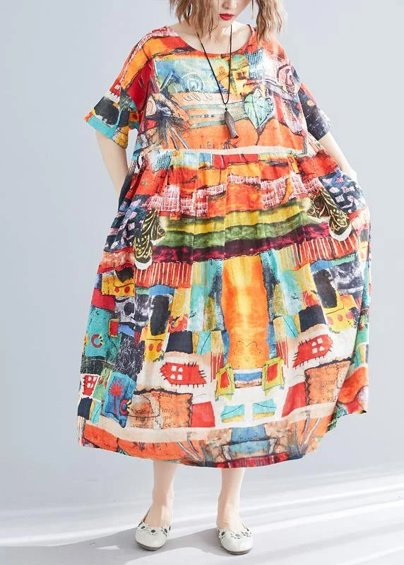 Unique Print O-Neck Cotton Loose Summer Mid Dress