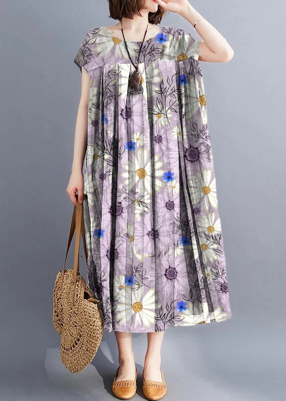 Unique purple flowers clothes o neck large hem Love summer Dresses