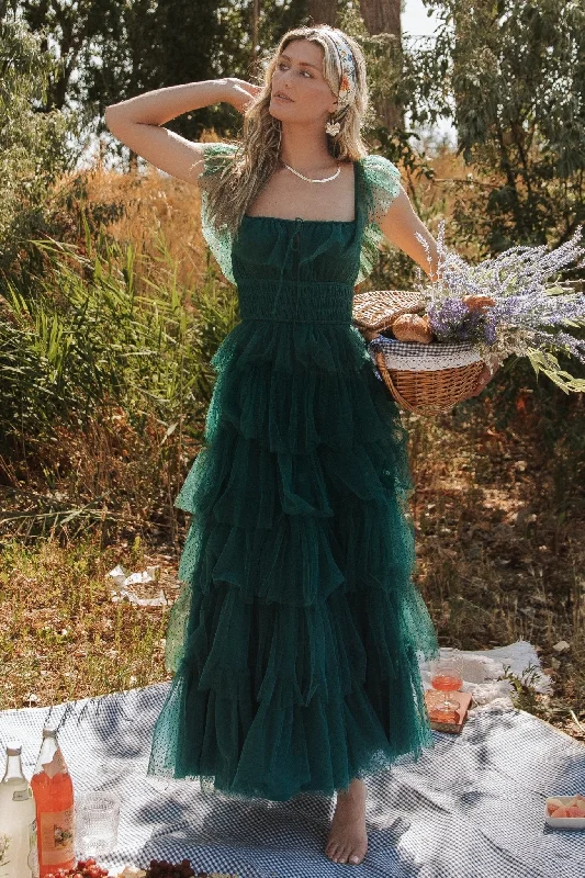 Valora Swiss Dot Tulle Maxi Dress | Dark Green Comfortable Bohemian Maxi Dress