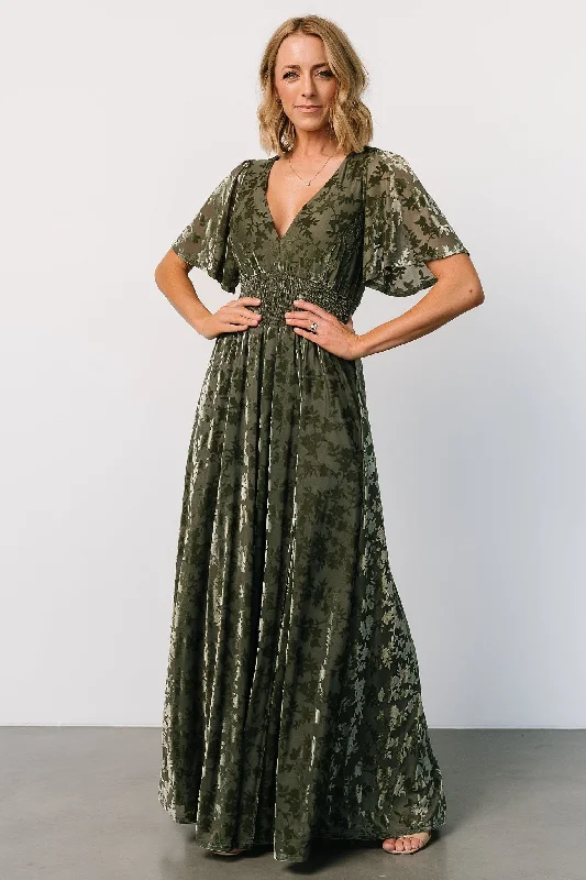 Veronica Velvet Maxi Dress | Dark Sage Stylish Longline Maxi Dress