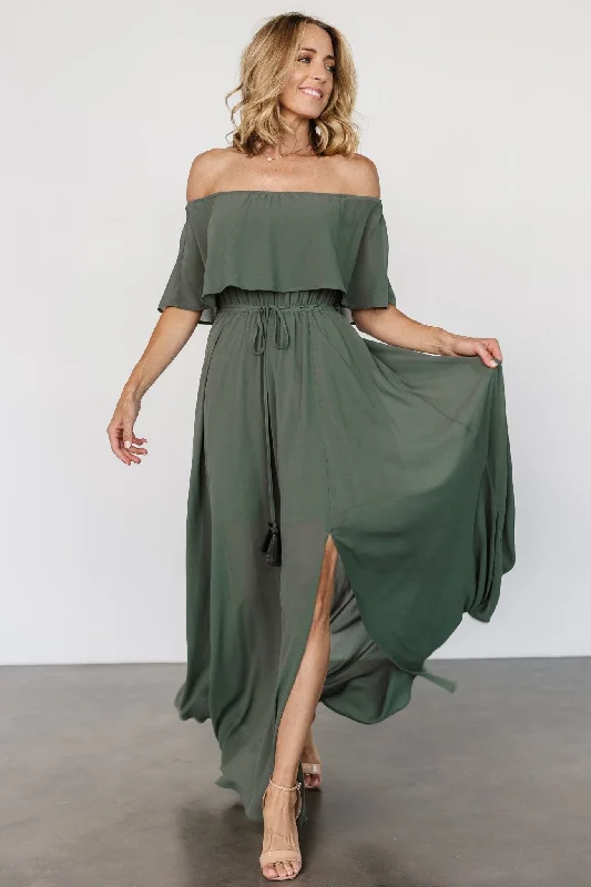 Victoria Off Shoulder Maxi Dress | Dark Sage Trendy Floral Print Maxi Dress