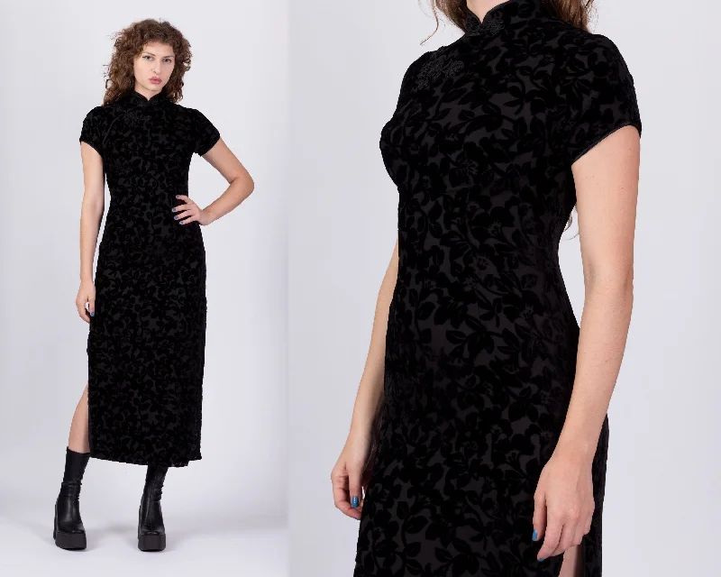 Vintage Black Velvet Burnout Cheongsam Dress, Deadstock - XS and Small