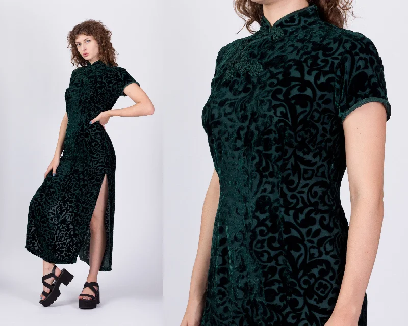 XS Vintage Green Velvet Burnout Cheongsam Dress