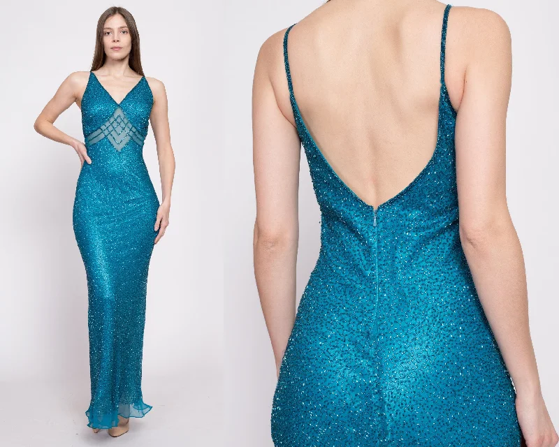 Vintage Scala Teal Beaded Silk Low Back Gown - Small