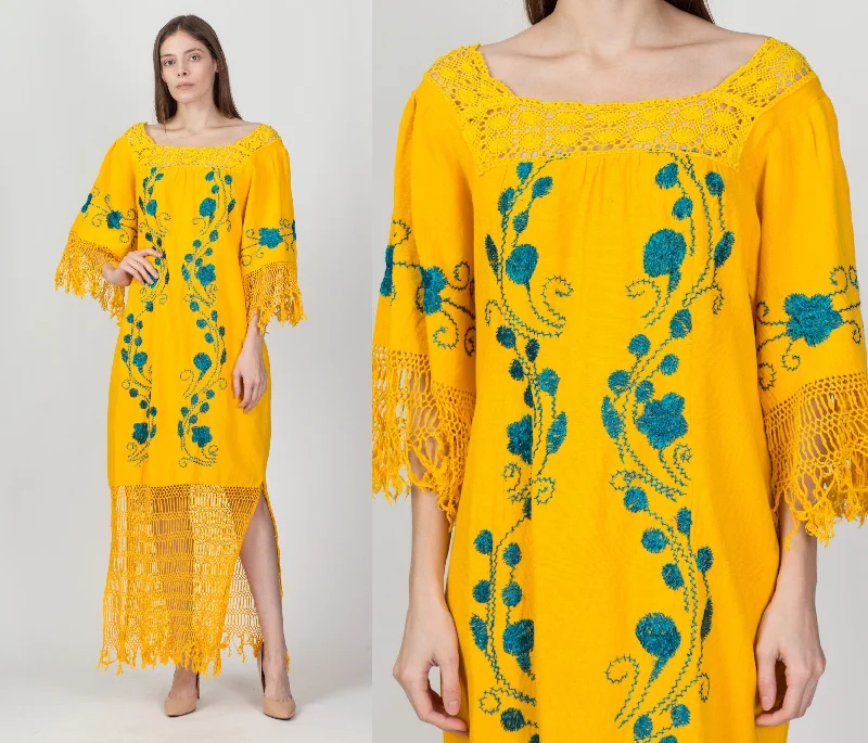 Vintage Yellow Embroidered Fringe Kaftan Dress - One Size