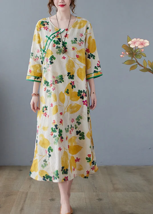 Vintage Yellow Side Open O-Neck Print Cotton Loose Dress Three Quarter sleeve