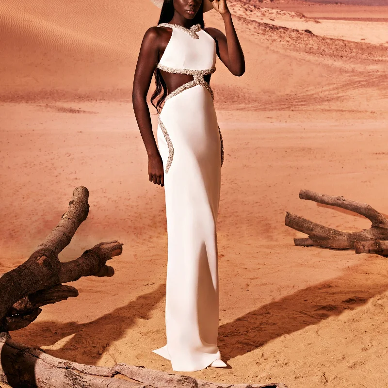 White Crepe Dress With Silver Embroidery