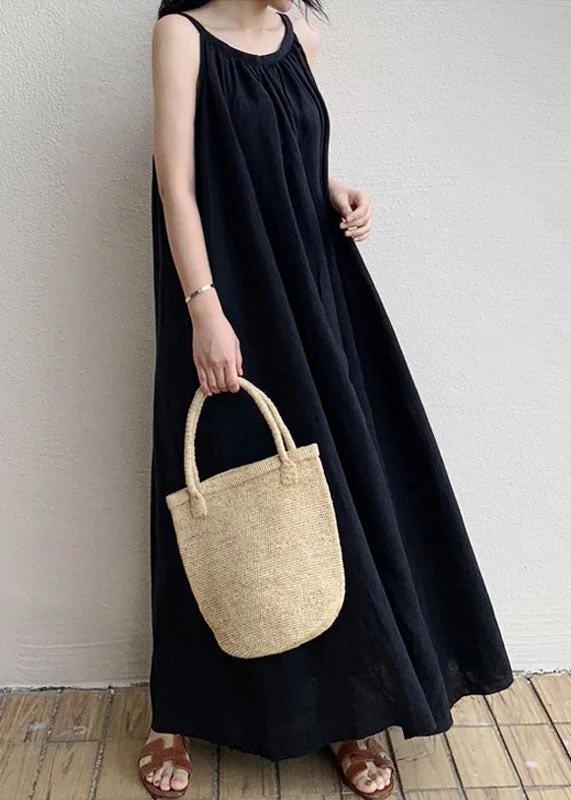 Women Black Patchwork Cotton Spaghetti Strap Holiday Dress Summer