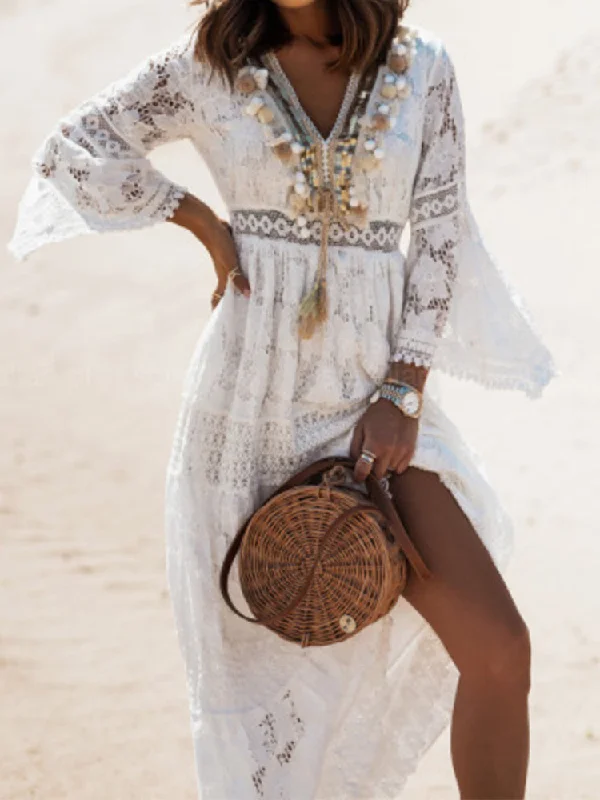 Women Embroidery Lace V-Neck Tassel Patchwork Boho Dress