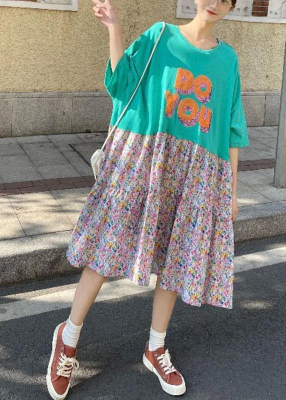 Women Green Loose Graphic A Line Summer Sundress Half Sleeve