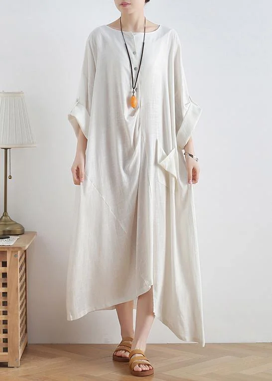 Women o neck asymmetric cotton summer clothes Women Tutorials white loose Dresses
