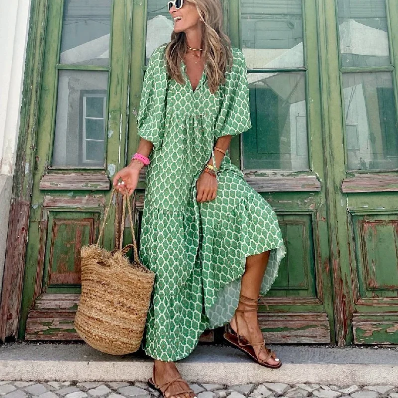 Women Printed V-Neck Boho Drawstring Loose Holiday Beach Dress