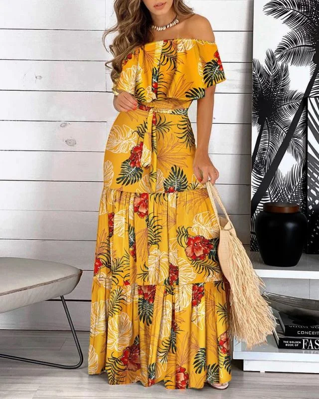 You Glow Girl Floral Off The Shoulder Maxi Dress - Yellow Fashionable Off-Shoulder Maxi Dress