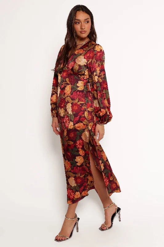 Zimmer Long Sleeve Maxi Dress - Sangria Bloom Stylish V-Neck Maxi Dress