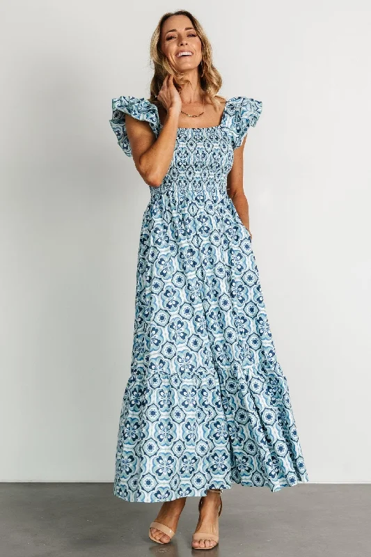 Zoey Smocked Maxi Dress | Blue Print Trendy Floral Print Maxi Dress