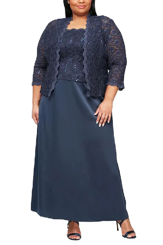 Alex Evenings Square Neck Lace Top A-Line Dress with 3/4 Sleeve Lace Jacket (2 Piece Set) Nylon Fabric Polyester Fabric Spandex Fabric