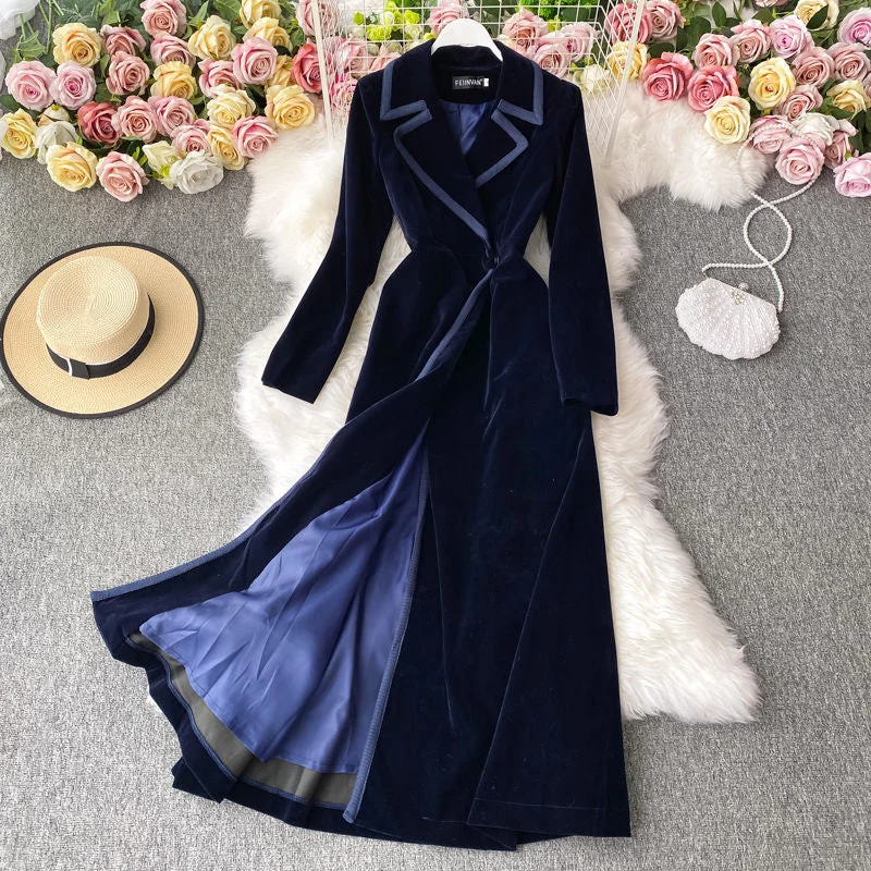 Autumn And Winter Black Velvet Blazer Dress Long Over The Knee Temperament Maxi Windbreaker Jacket Women Slim Coat M1180 Nylon Jacket Polyester Jacket Spandex Jacket