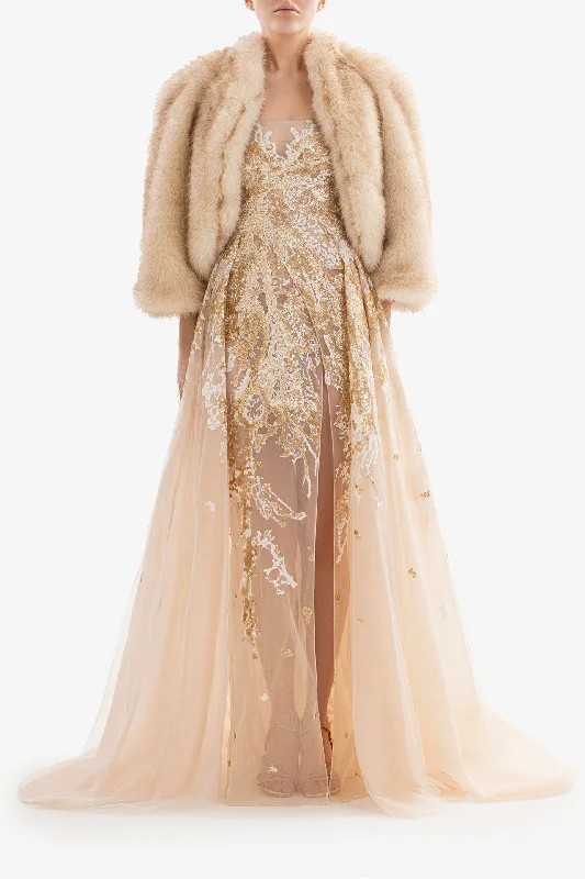 High slit strapless dress with fur jacket Satin Fabric Silk Fabric Chiffon Fabric