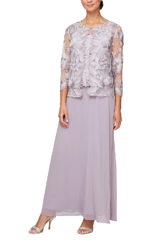 Long Embroidered Jacket Dress with Scallop Edge Detail & A-Line Skirt Boat Neck Shawl Collar Notched Collar