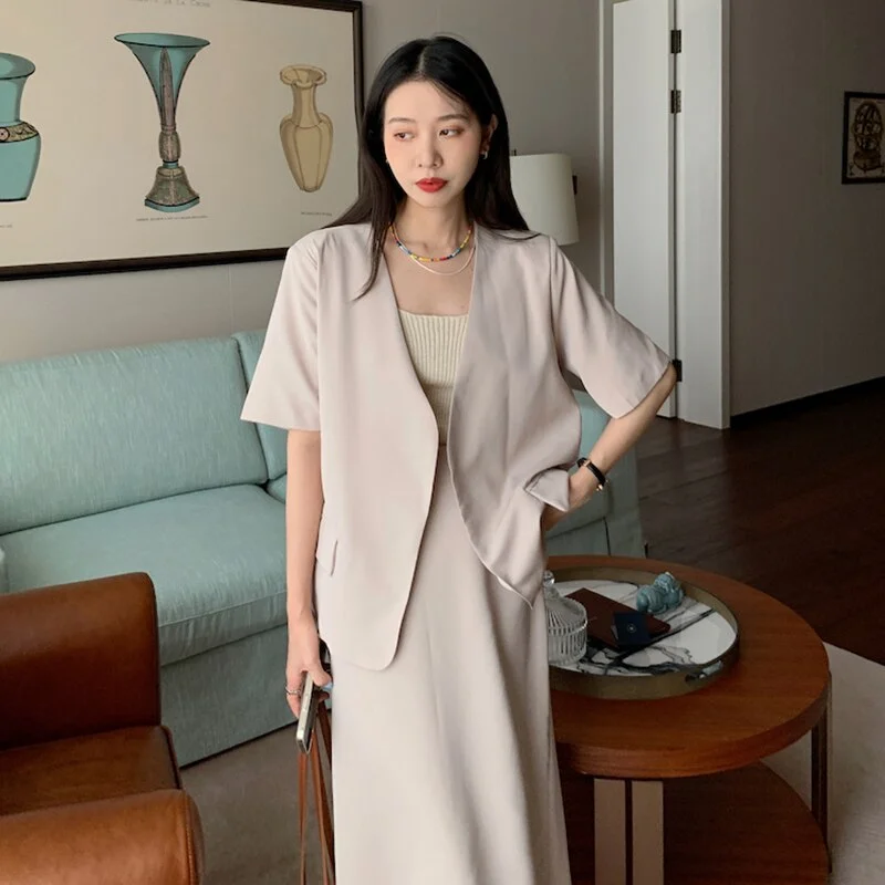 2022 Solid Blazer Set Open Stitch Jacket & Long Maxi Split Skirt 2 Pieces Skirt Suit Female Office Ladies Blazer Suit Anorak Shell Jacket Lightweight Jacket