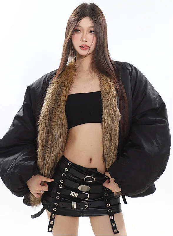 Katana Solid Color Black Puffer Jacket, Cute Winter Fall Spring Long Sleeve Jacket, Women's Brown Fur Underlined Jacket Chenille Fabric Brocade Fabric Lace Fabric