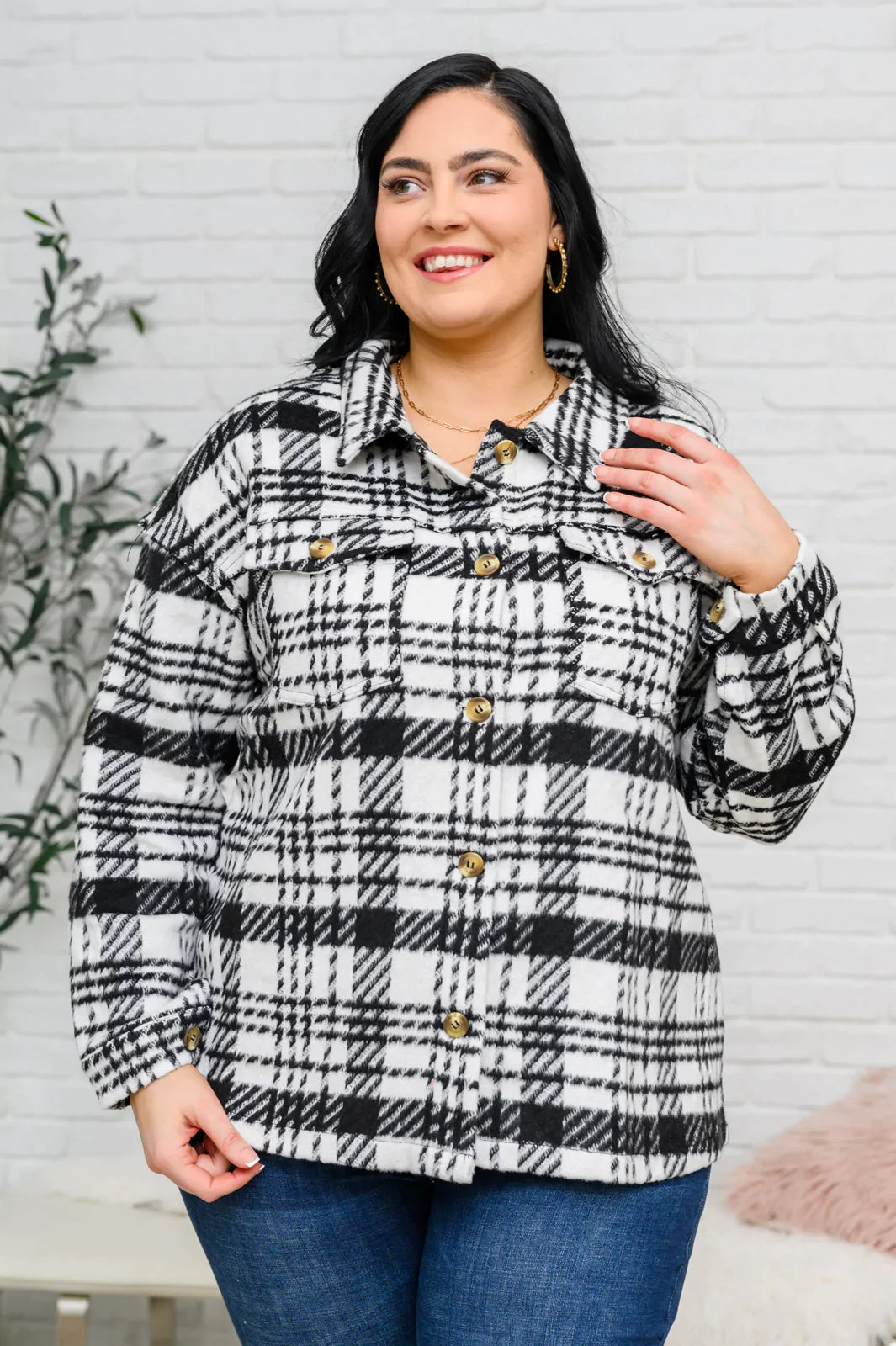 Hazel Blues® |  Kate Plaid Jacket in Black & White Cardigan Sweater Pullover