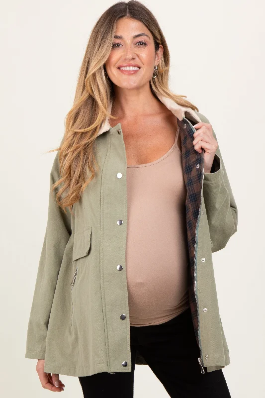 Light Olive Plaid Lined Oversized Maternity Zipper Jacket Notch Collar Peter Pan Collar Cowl Neck