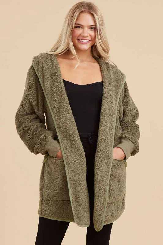 Olive Fuzzy Knit Hooded Jacket Wool Fabric Cashmere Fabric Tweed Fabric