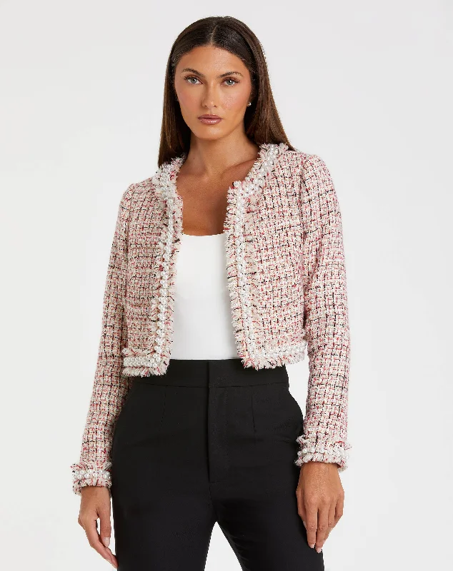 Pearl Trim Long Sleeve Cropped Jacket Wool Jacket Cashmere Jacket Tweed Jacket