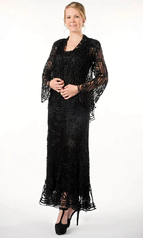 Soulmates C1068 - Beaded Silk Lace Collar Jacket With Godet Dress Set A-Line Jacket Boat Neck Shawl Collar