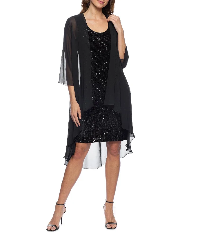 Marina  Short Sleeveless Velvet Sequin Dress Chiffon Jacket Set Cardigan Sweater Pullover