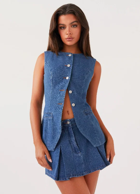 Ashlyn Denim Mini Skirt - Indigo velvet skirt luxury