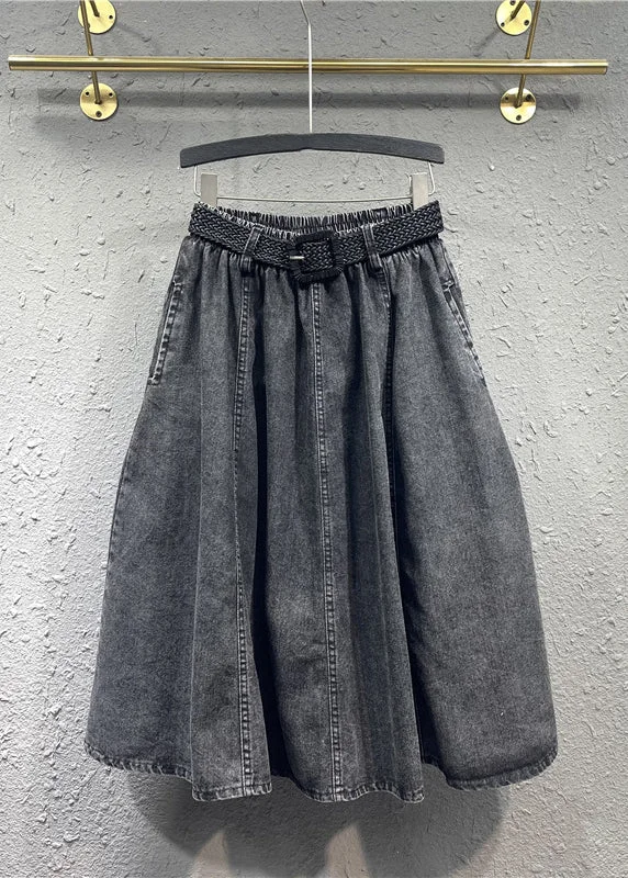 Casual Black Gray Elastic Waist Pleated Pocket Denim Skirt Autumn pleated skirt texture