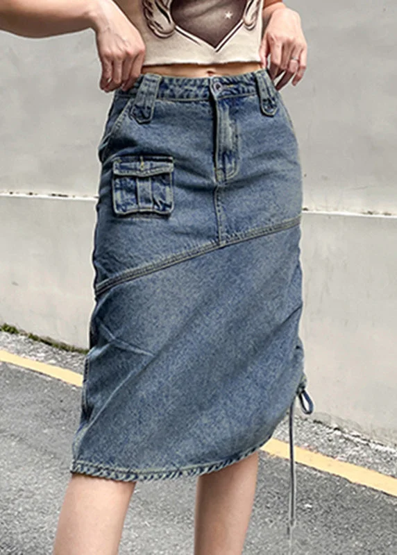 Chic Blue Drawstring Pockets Patchwork Denim Skirt Fall linen skirt relaxed