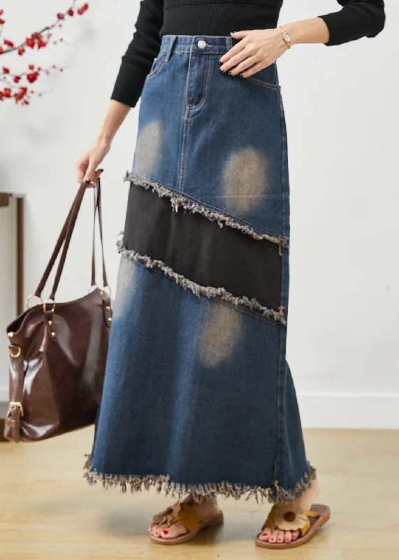 Chic Blue Tasseled Patchwork Denim Skirt Fall linen skirt relaxed