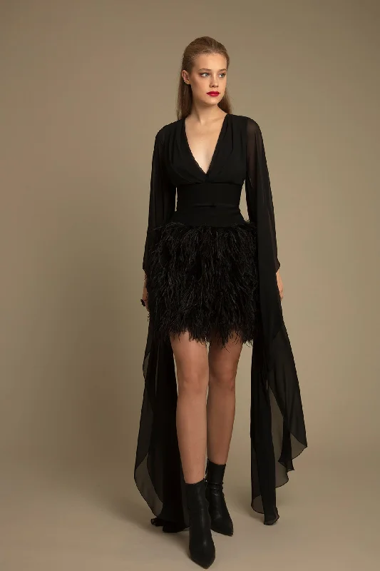 Fitted waistline top with feathered skirt casual skirt length
