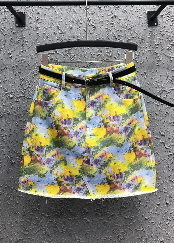 Handmade Yellow Print Pockets Patchwork Denim Skirt Summer cashmere skirt soft