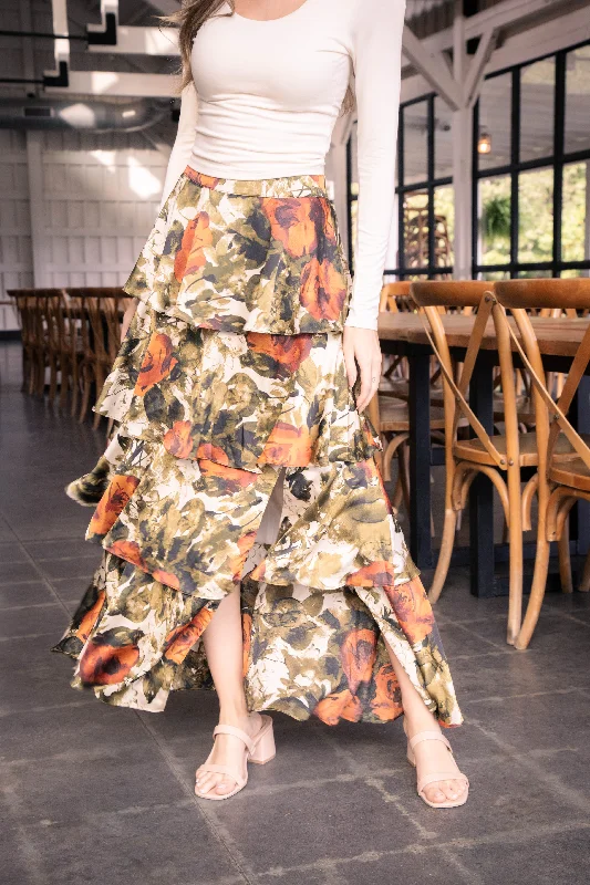 Jena Abstract Rose Maxi Skirt, Rust/Olive midi skirt versatile