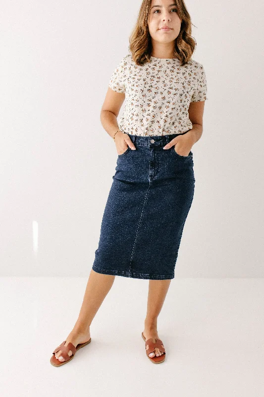 'Krista' Knee Length Denim Pencil Skirt in Dark Wash leather skirt refined